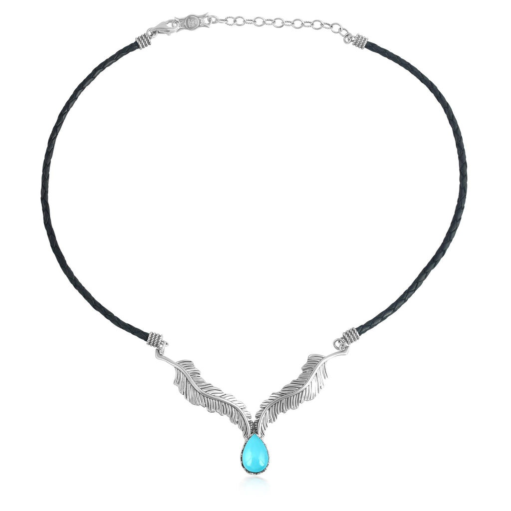 LIMITED EDITION! Sterling Silver Sleeping Beauty Turquoise Black Leather Feather Design Necklace, 17 to 20 Inches