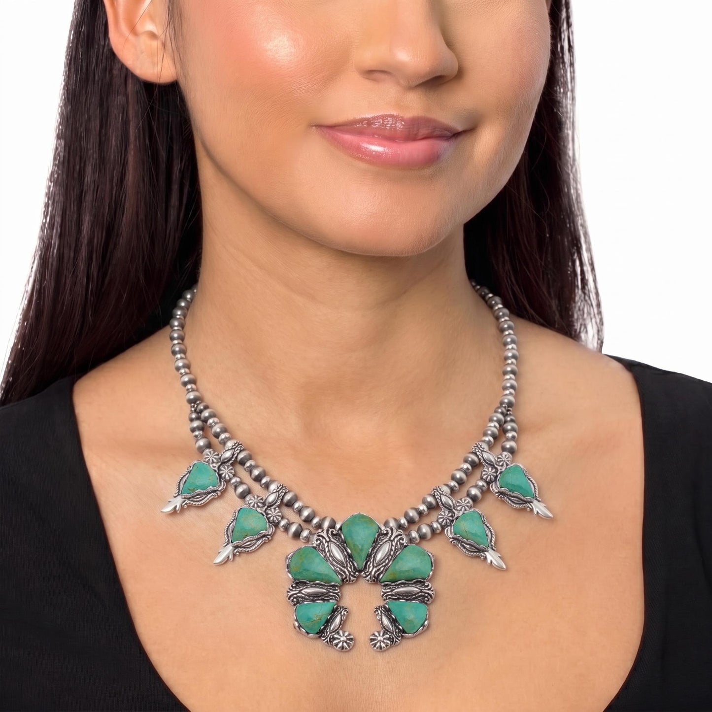 Sterling Silver Green Turquoise Pear Gemstone Squash Blossom Necklace, 17 to 20 Inches