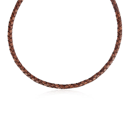 Sterling Silver Braided Antique Brown Leather Toggle Necklace