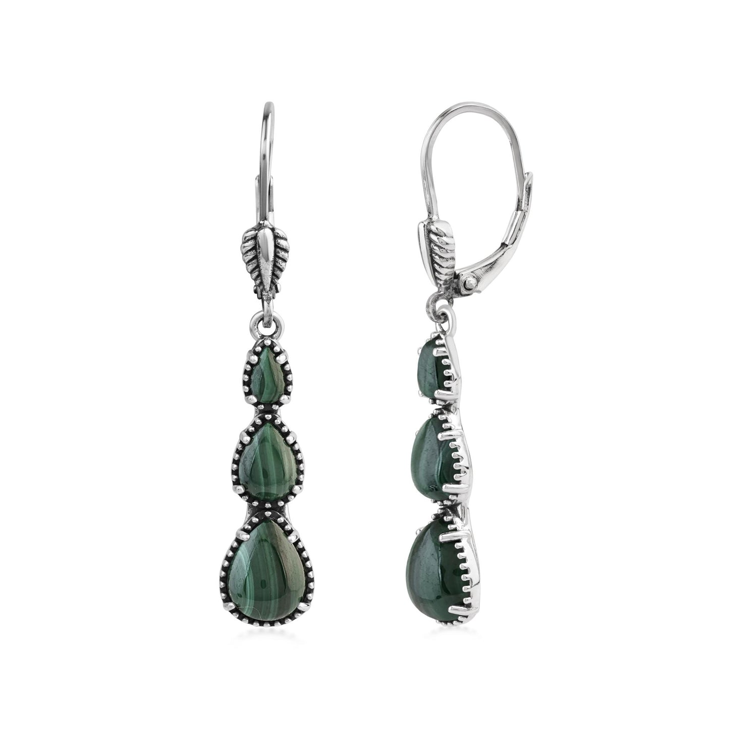  Sterling Silver Malachite 3-Pear Drop Lever Back Earrings