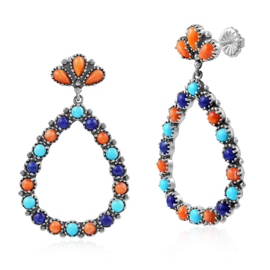 Sterling Silver Orange Spiny Oyster, Turquoise and Lapis Teardrop Post Back Earrings
