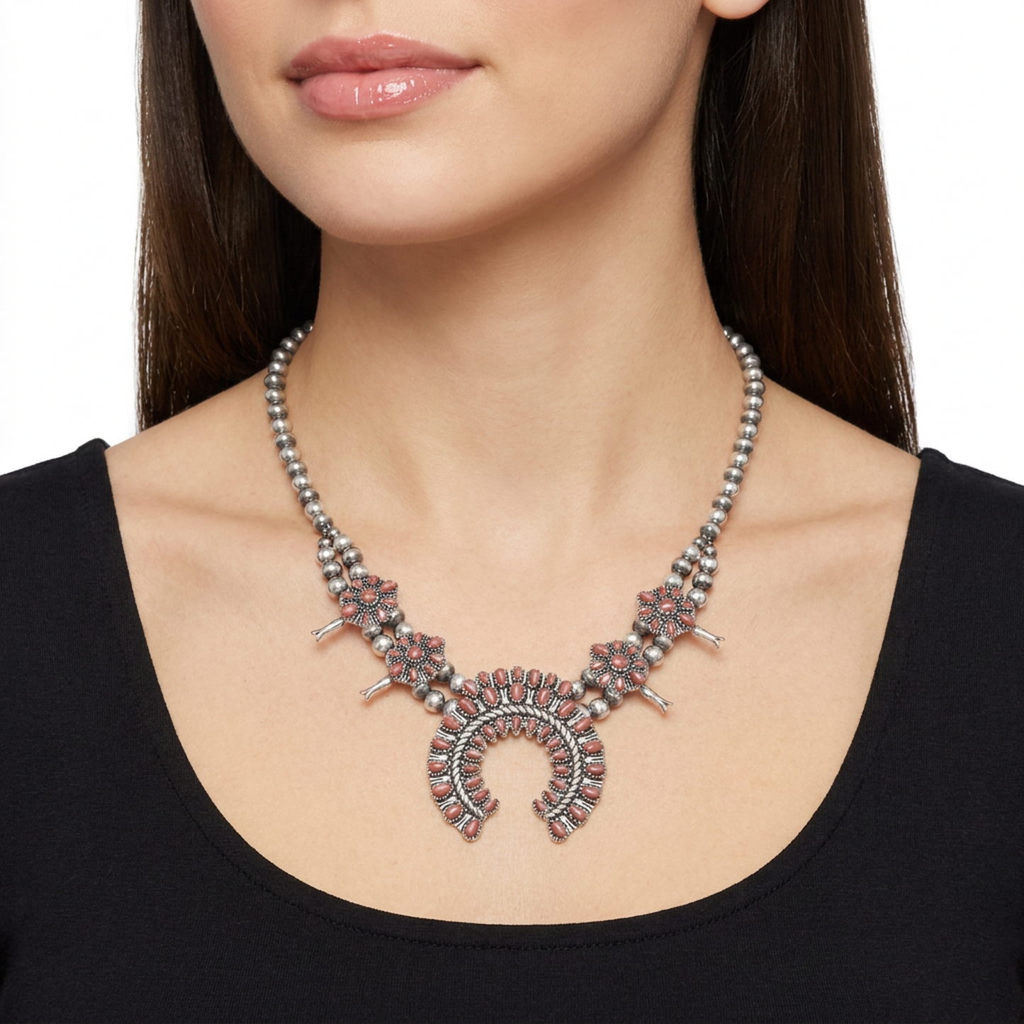  Sterling Silver Rhodonite Petit Point Naja Squash Blossom Necklace