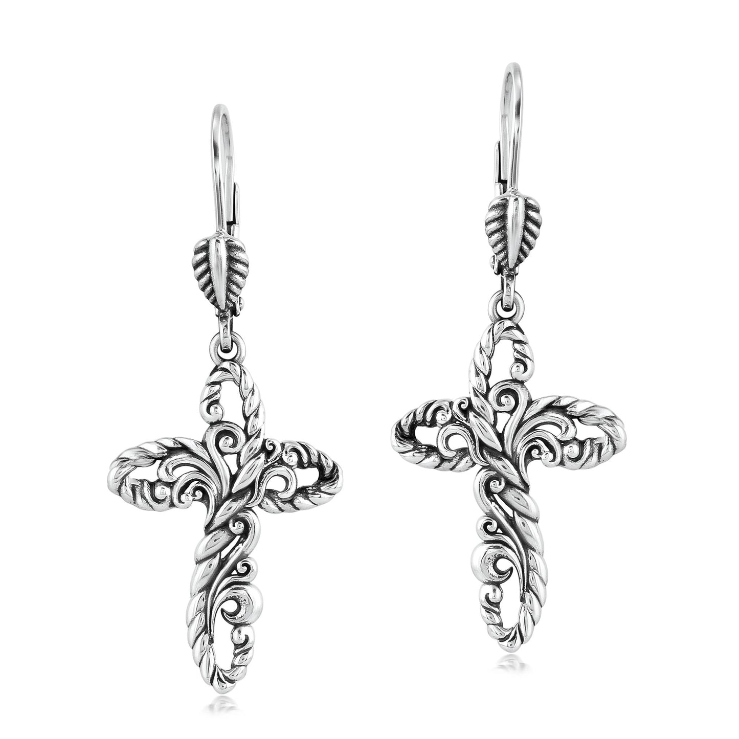 EXCLUSIVELY OURS! Sterling Silver Rope and Filigree Cross Lever Back Dangle Earrings