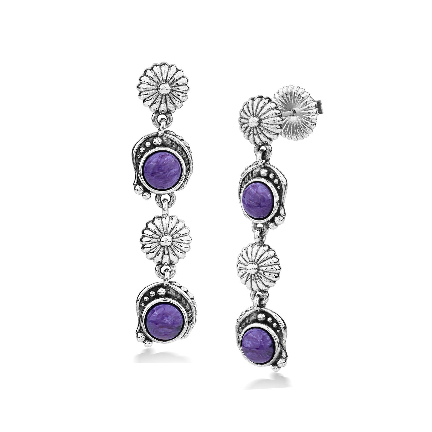 EXCLUSIVELY OURS! Sterling Silver Charoite Leaf and Flower Dangle Earrings