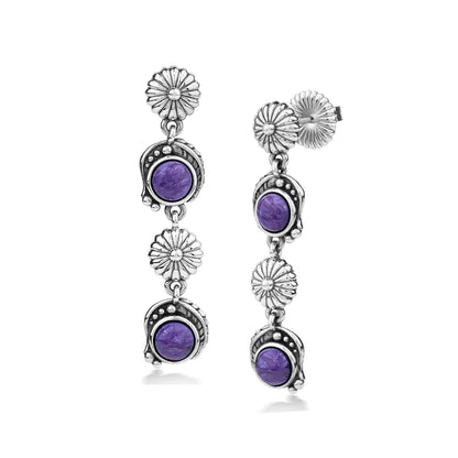 EXCLUSIVELY OURS! Sterling Silver Charoite Leaf and Flower Dangle Earrings