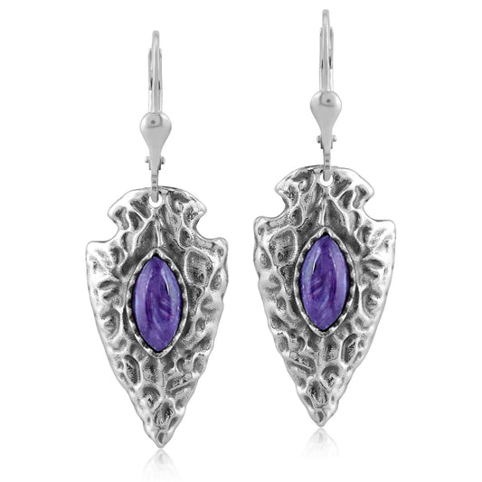 EXCLUSIVELY OURS! Sterling Silver Charoite Fritz Casuse Arrowhead Lever Back Earrings