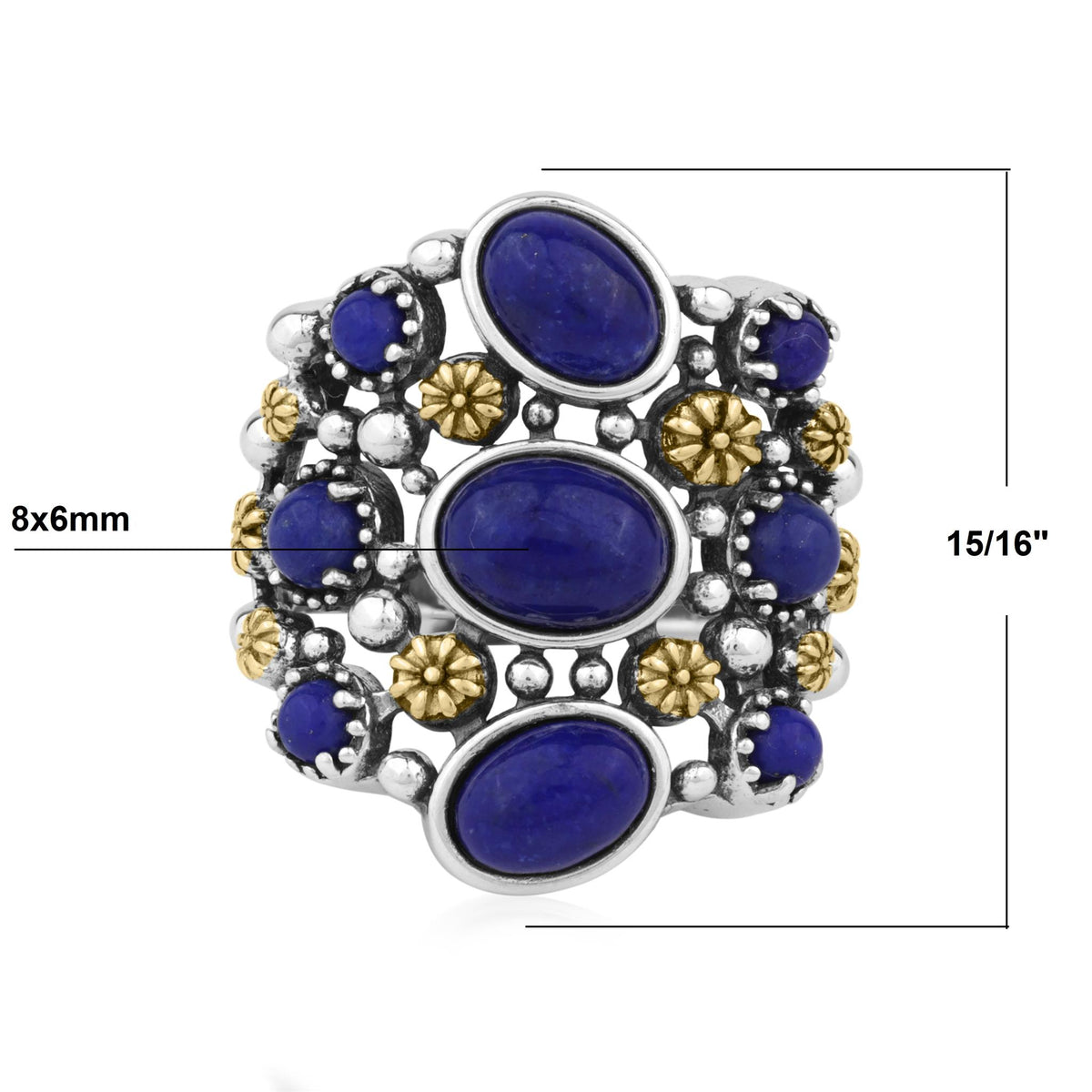 Sterling Silver Lapis Two-Tone 9 Gemstone Concha Ring, Sizes 5 to 10