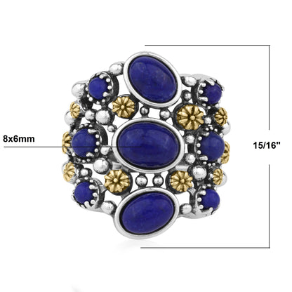 Sterling Silver Lapis Two-Tone 9 Gemstone Concha Ring, Sizes 5 to 10
