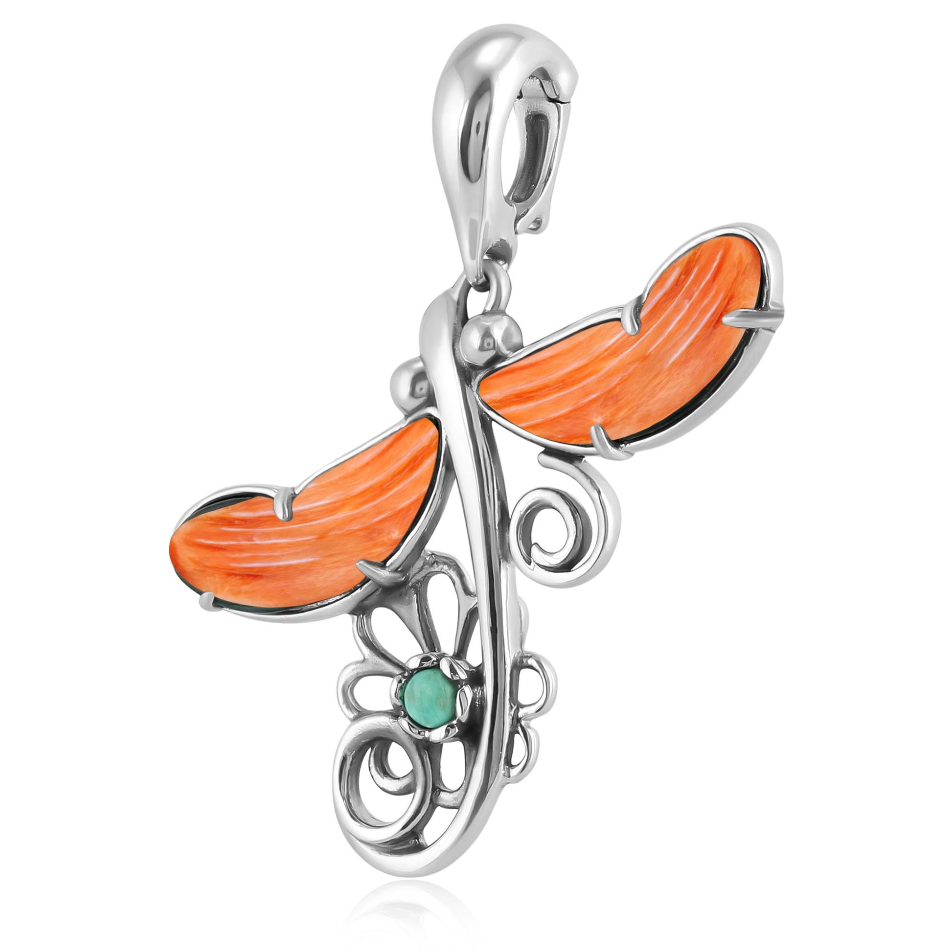 Sterling Silver Orange Spiny Oyster and Variscite Fritz Casuse Dragonfly Pendant Enhancer