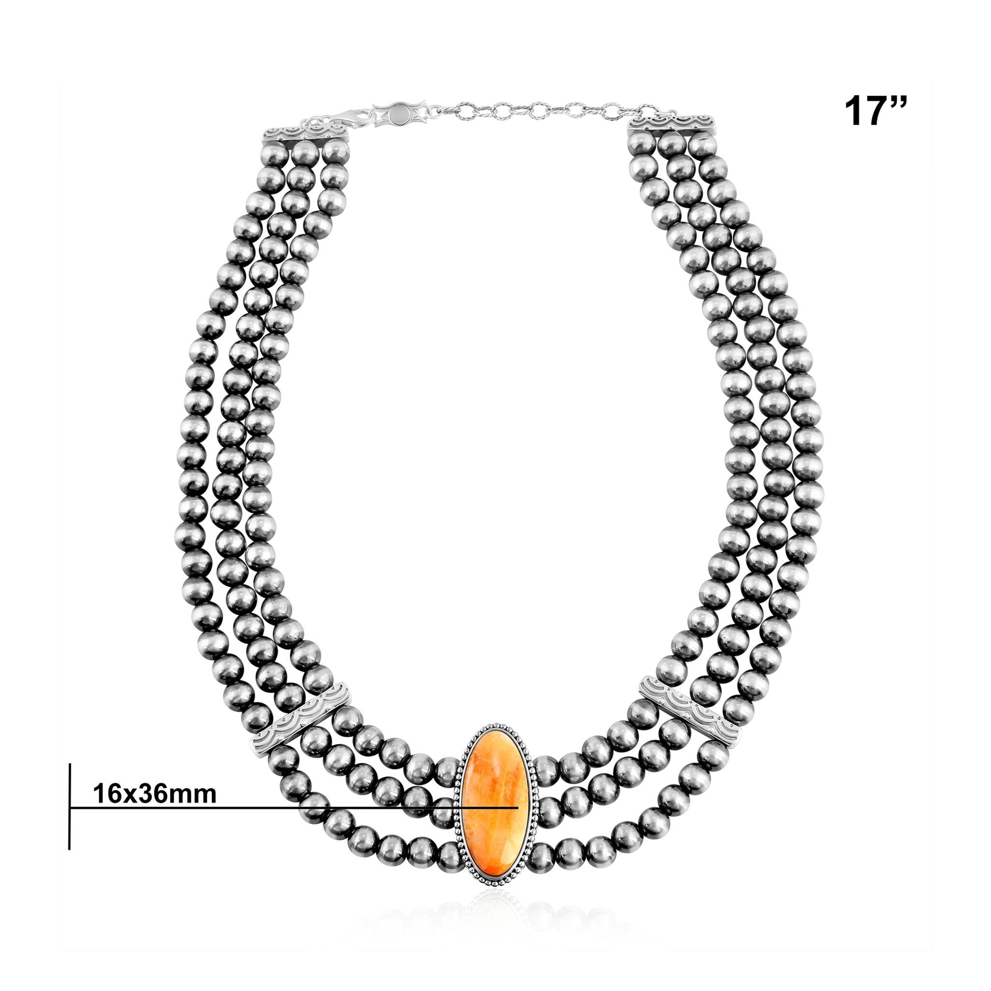 Sterling Silver Orange Spiny Oyster Oval Cut Triple-Row Beaded Necklace, 17 to 20 Inches