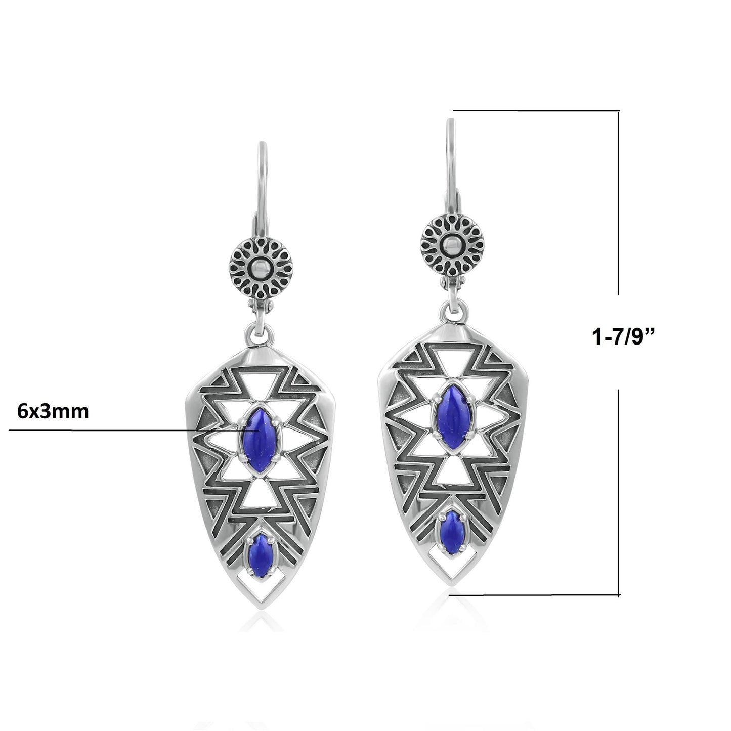 Sterling Silver Marquise Lapis Patterned Lever Back Earrings 