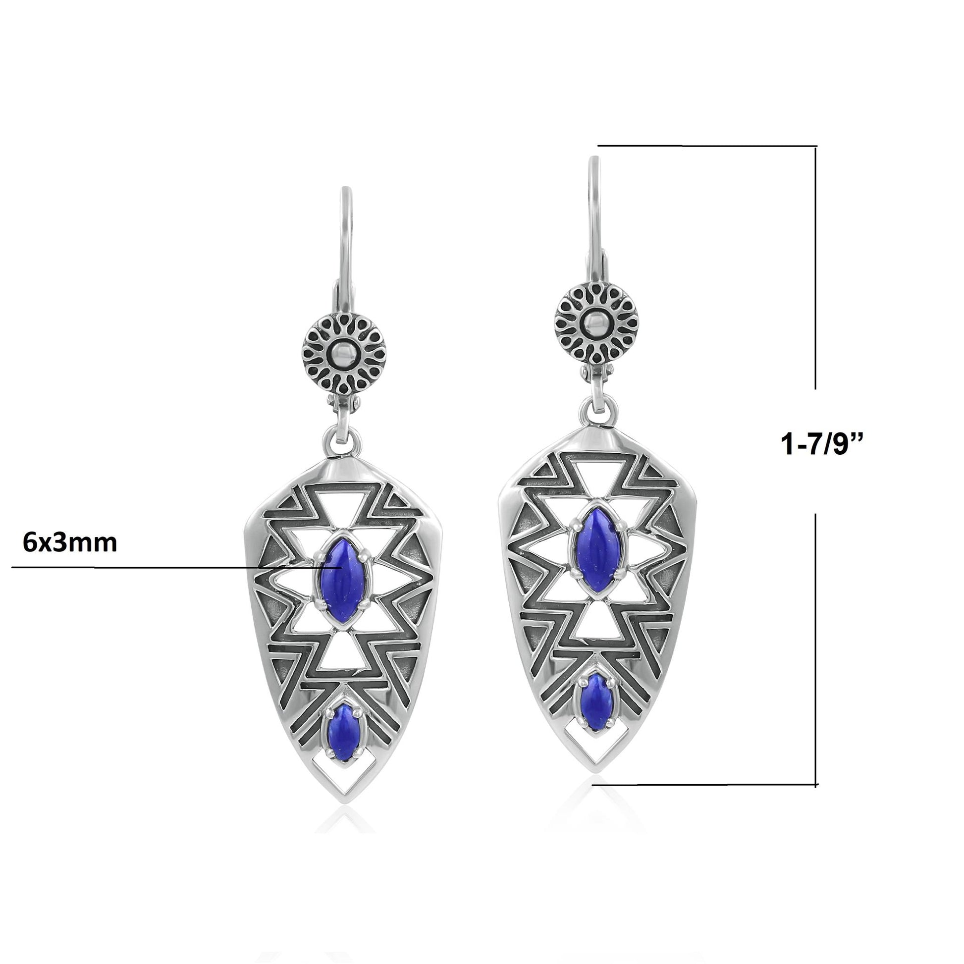 Sterling Silver Marquise Lapis Patterned Lever Back Earrings 