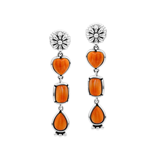 Sterling Silver Orange Spiny Oyster Gemstone Heart, Rectangle and Pear Concha Post Dangle Earrings 