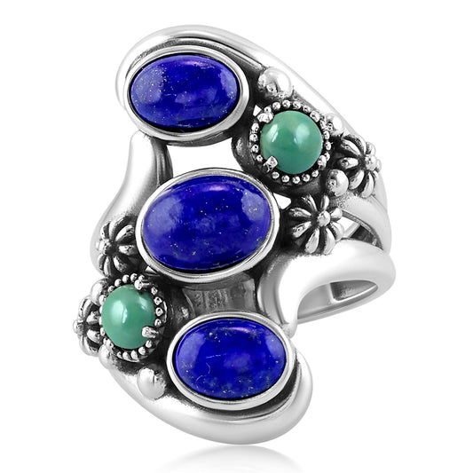 Sterling Silver Lapis and Green Turquoise Freeform Bypass Ring