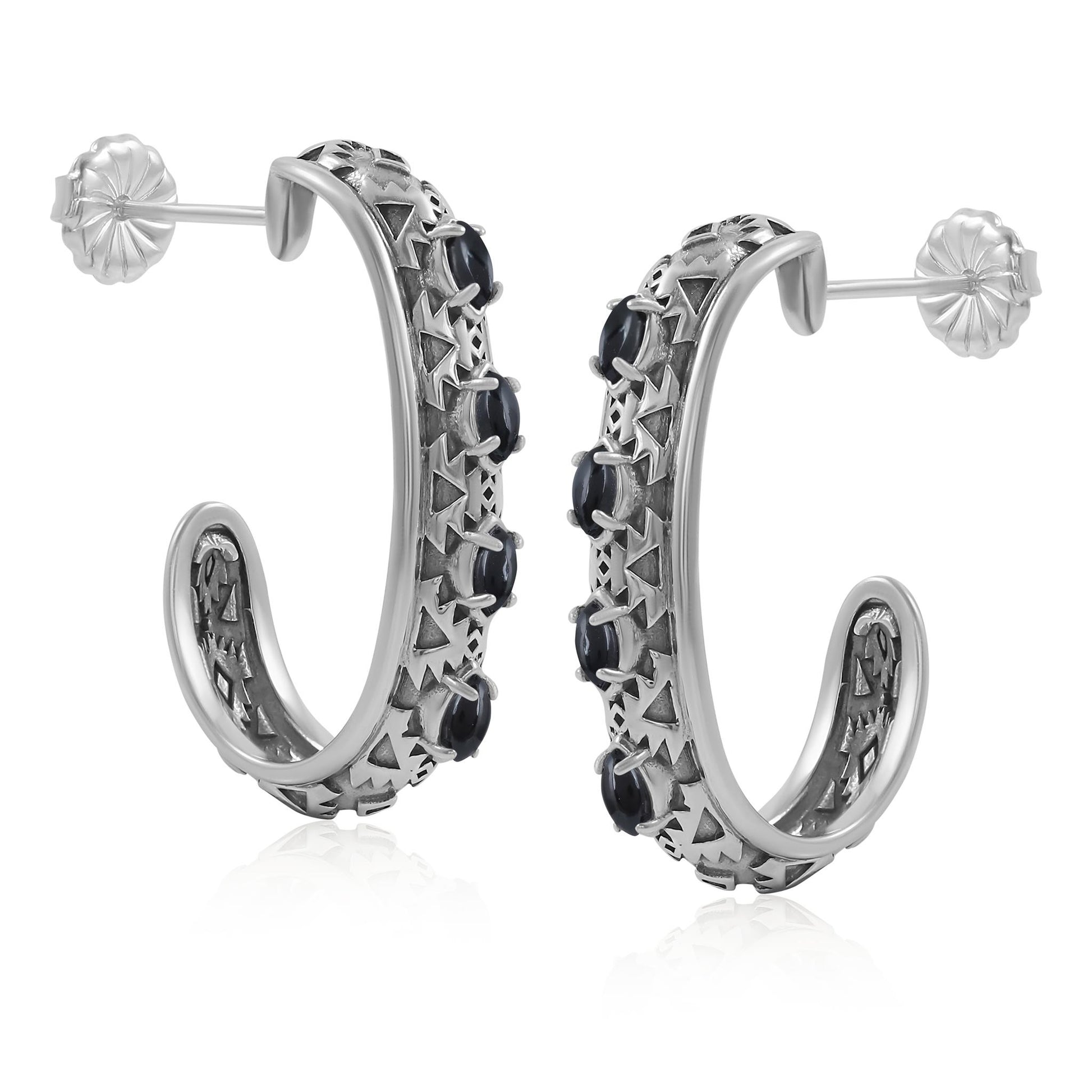 Sterling Silver Black Onyx Patterned J-Hoop 1 Inch Earrings 