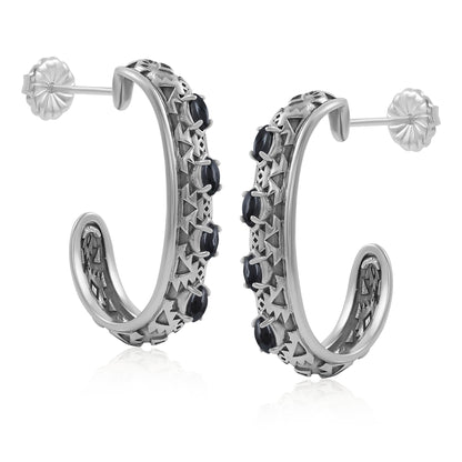 Sterling Silver Black Onyx Patterned J-Hoop 1 Inch Earrings 