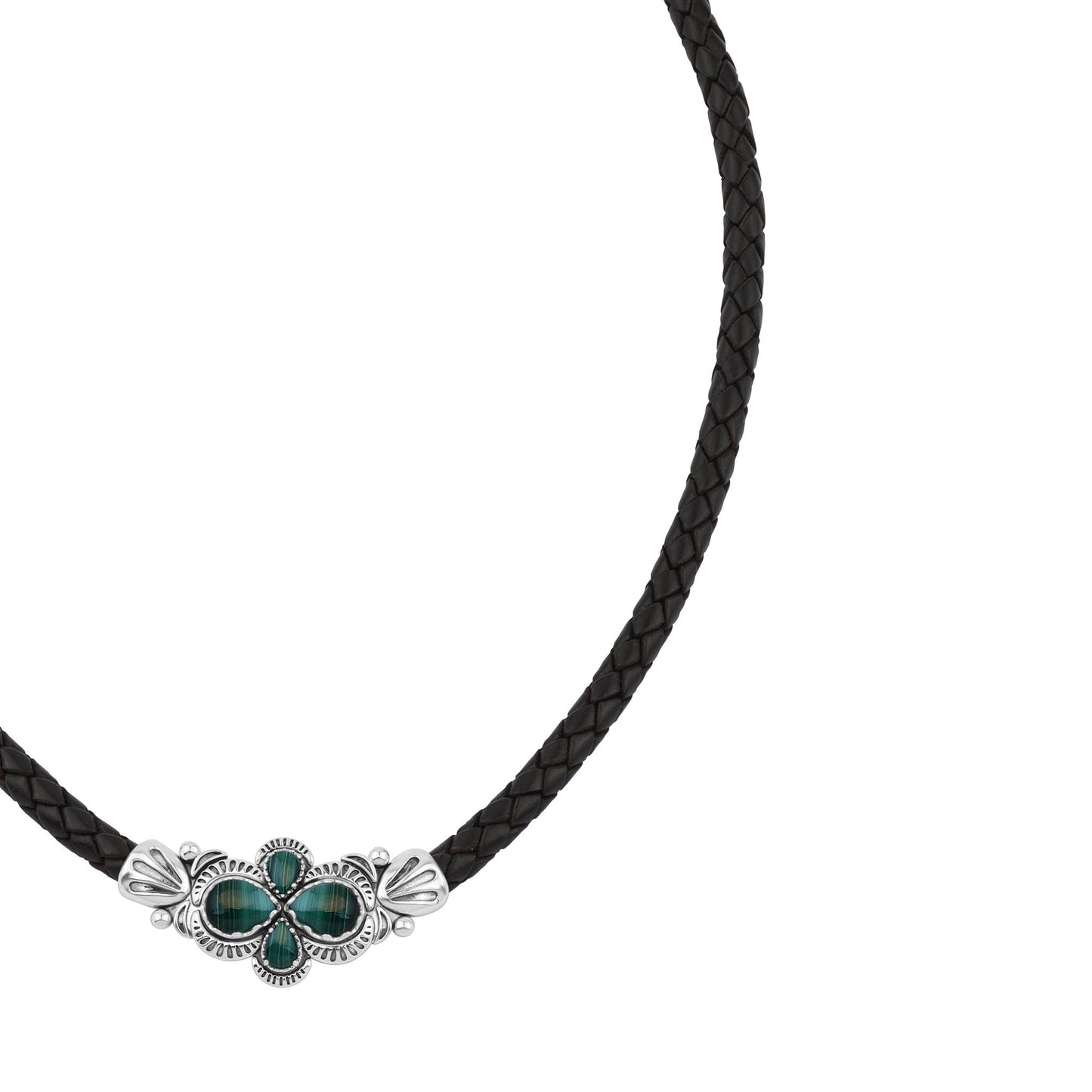  Sterling Silver Malachite Pear Cluster Black Leather Necklace