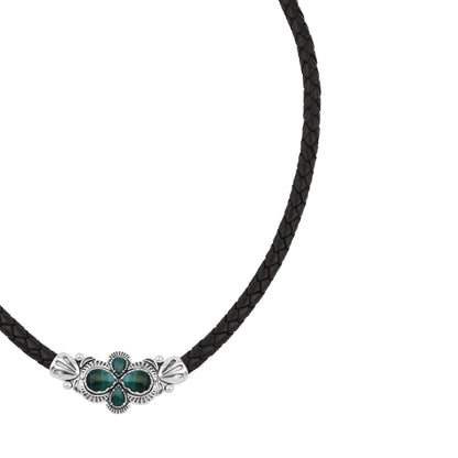  Sterling Silver Malachite Pear Cluster Black Leather Necklace