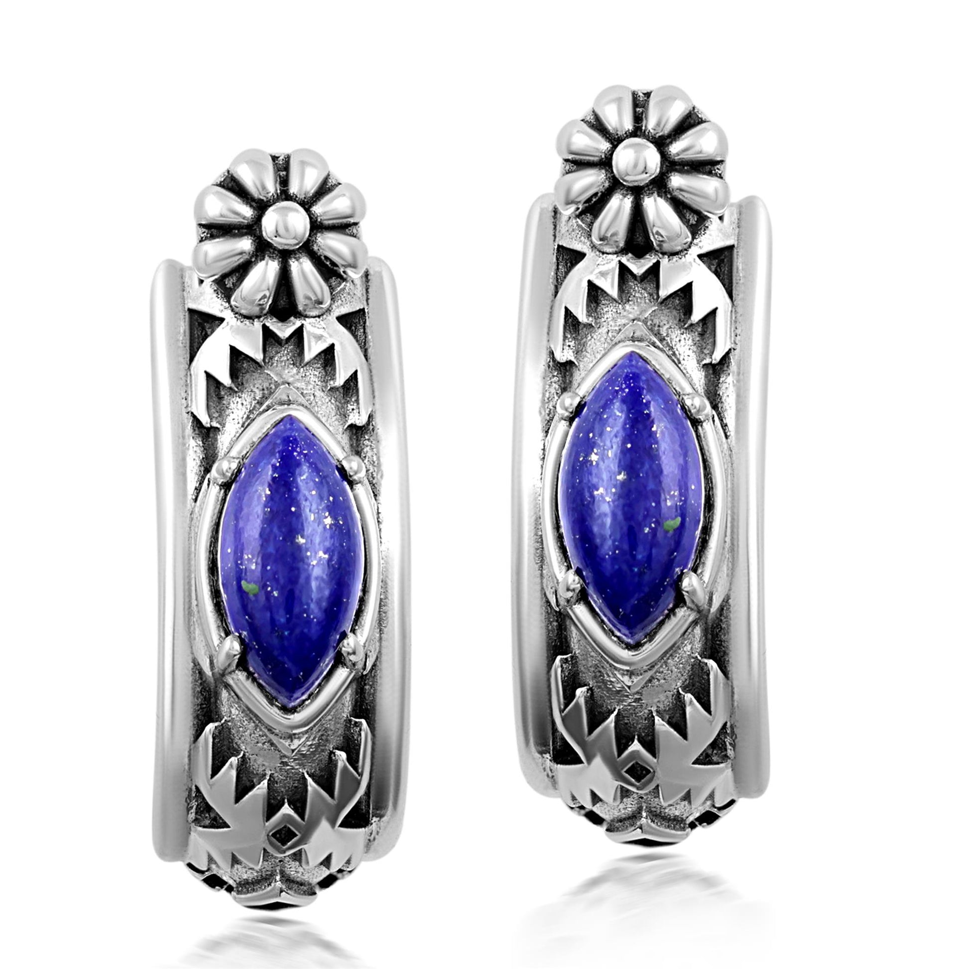 Sterling Silver Lapis Marquise Cut Huggie Hoop Earrings 
