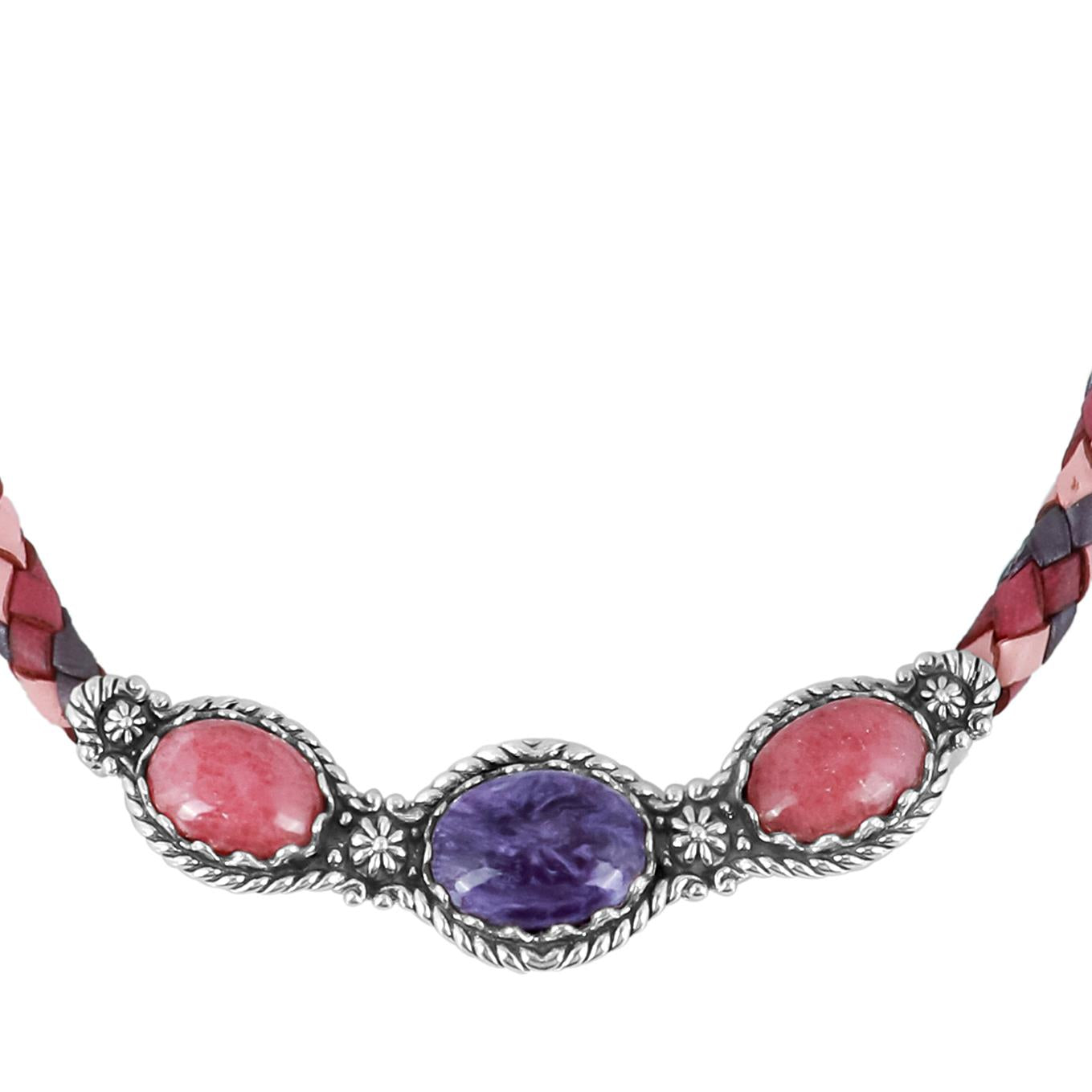 Sterling Silver Charoite and Rhodonite Pink Tonal Braided Leather 3-Stone Necklace