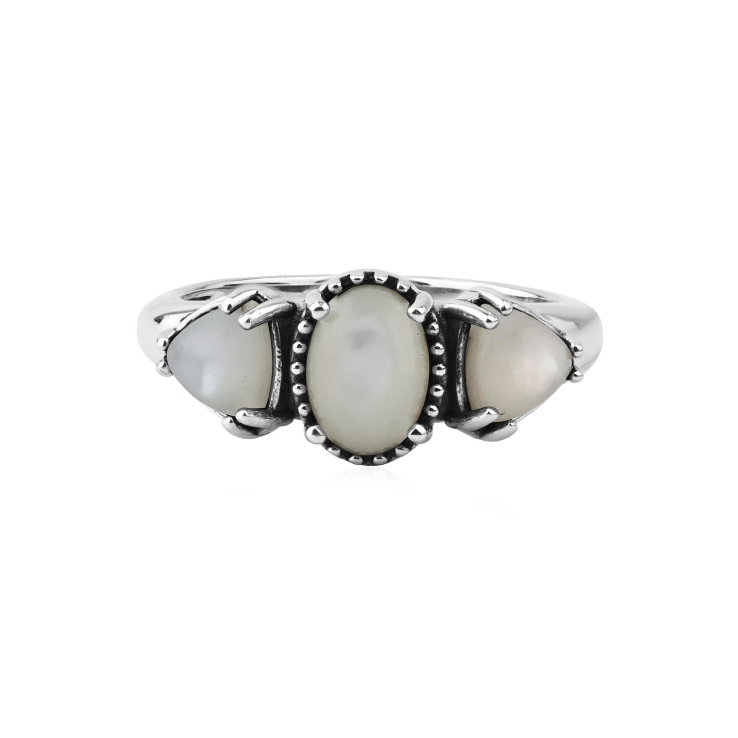  Sterling Silver White Mother of Pearl Oval and Trillion 3-Stone Ring