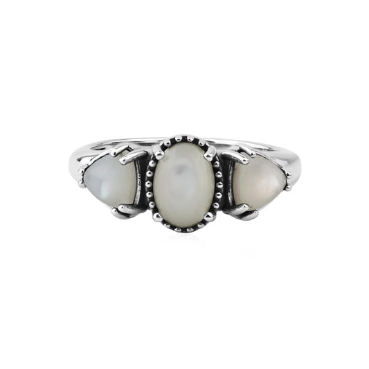  Sterling Silver White Mother of Pearl Oval and Trillion 3-Stone Ring