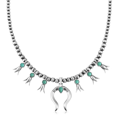 Sterling Silver Green Turquoise Beaded Squash Blossom Necklace