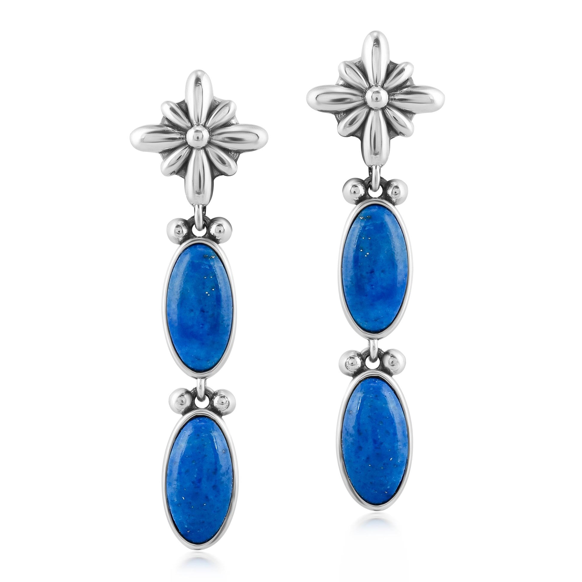 Sterling Silver Denim Lapis Oval Concha Dangle Earrings 