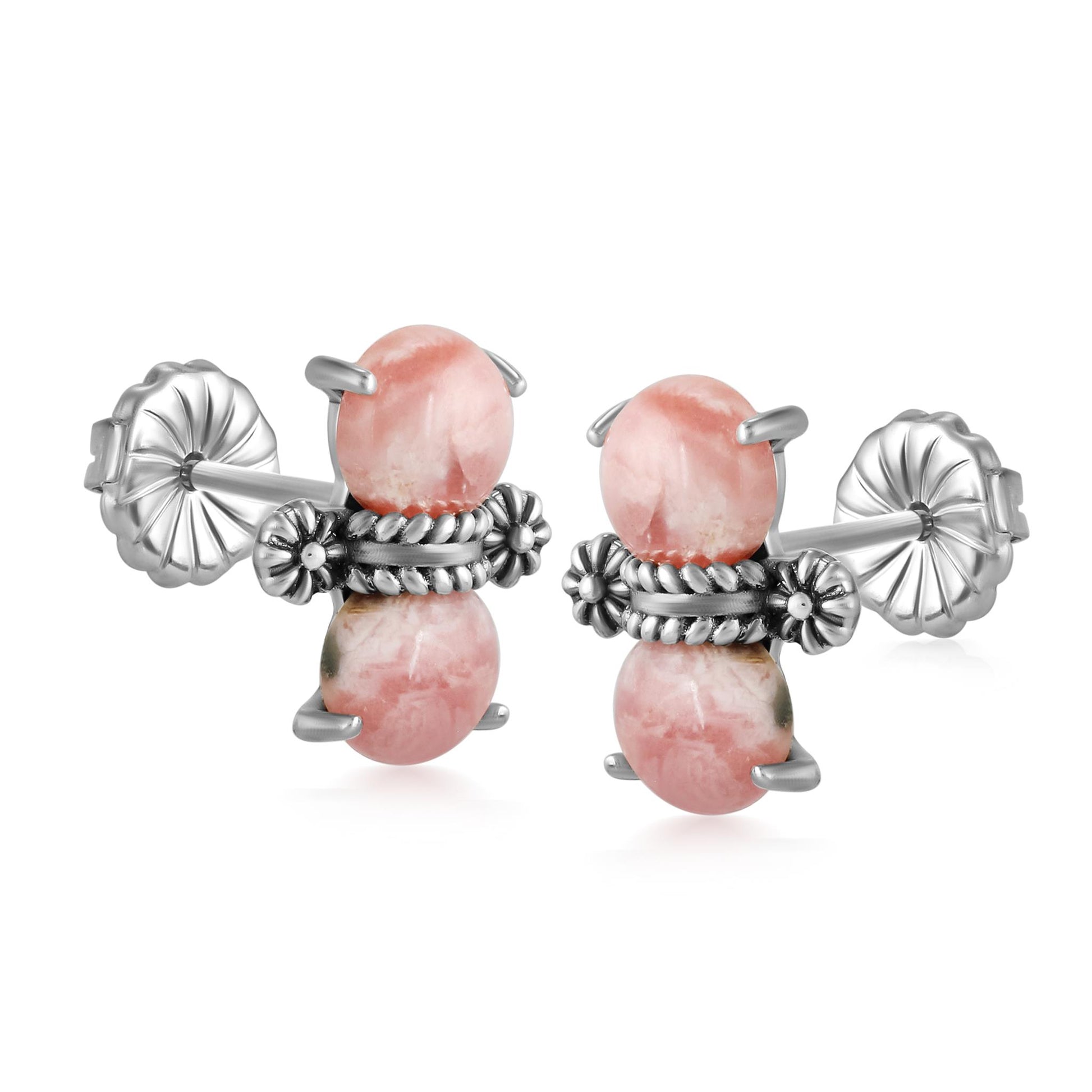 Sterling Silver Round Rhodochrosite Concha Stud Earrings 