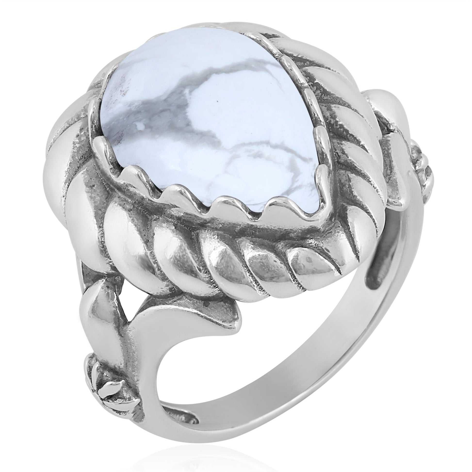 Sterling Silver White Howlite Pear Cut Rope Ring