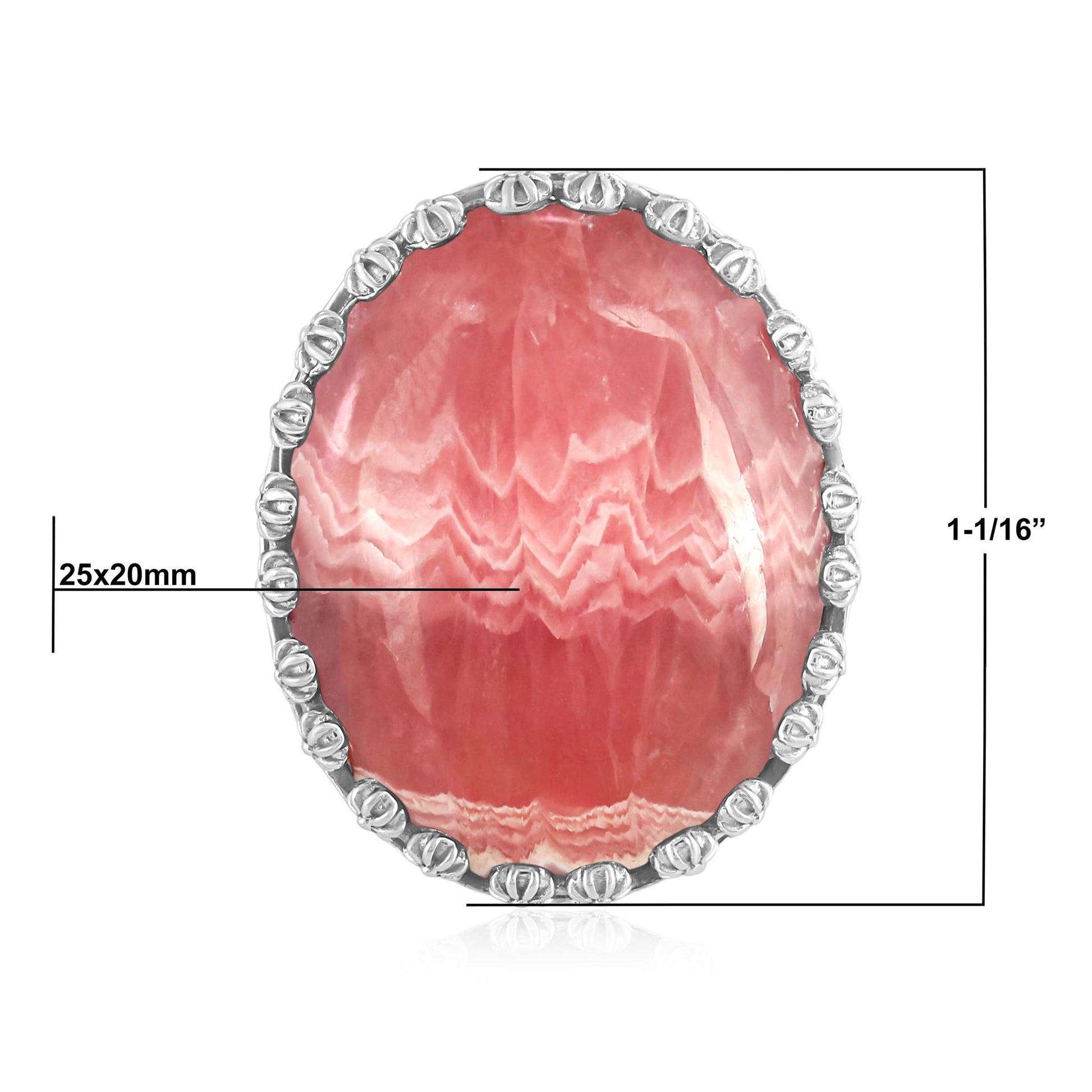 Sterling Silver Rhodochrosite Concha Flower Border Oval Cut Ring, Sizes 5 to 10