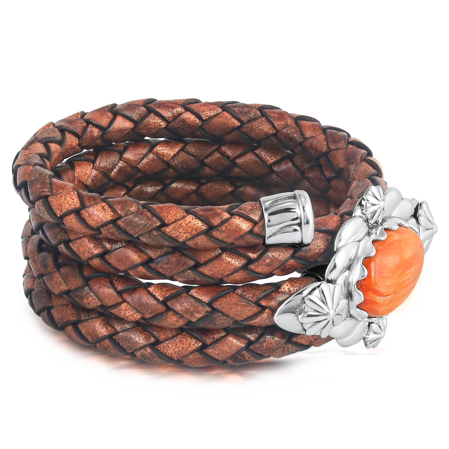 Sterling Silver Orange Spiny Oyster Antique Red-Brown Braided Leather Coil Wrap Bracelet, 24 Inches