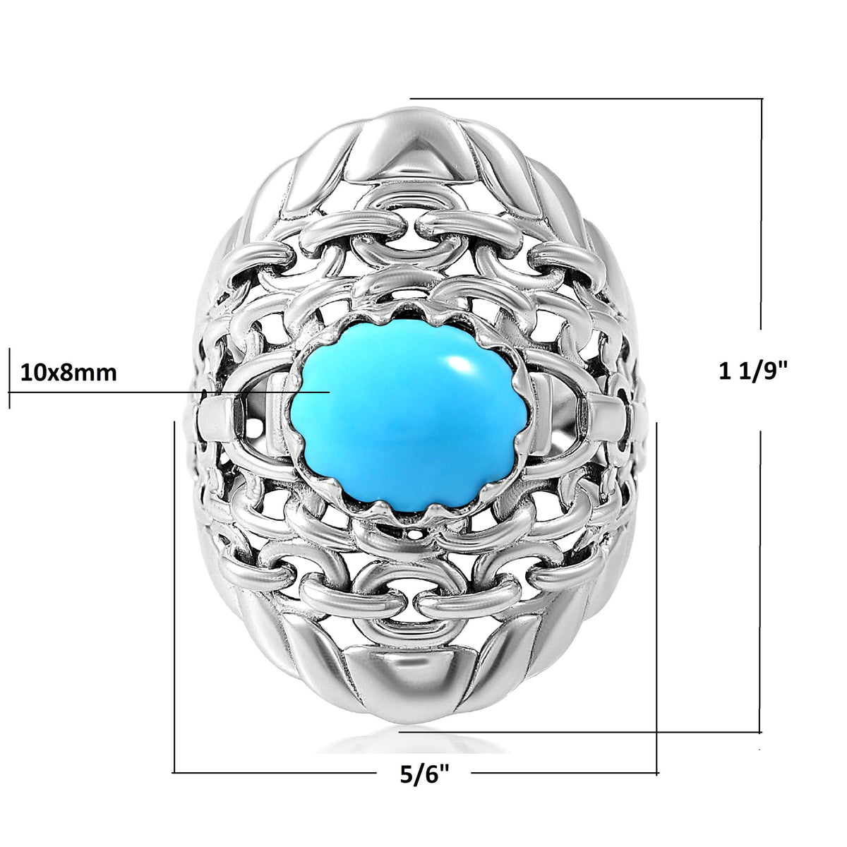 Sterling Silver Sleeping Beauty Turquoise Stirrup Chain Ring, Sizes 5 to 11