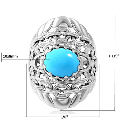 Sterling Silver Sleeping Beauty Turquoise Stirrup Chain Ring, Sizes 5 to 11