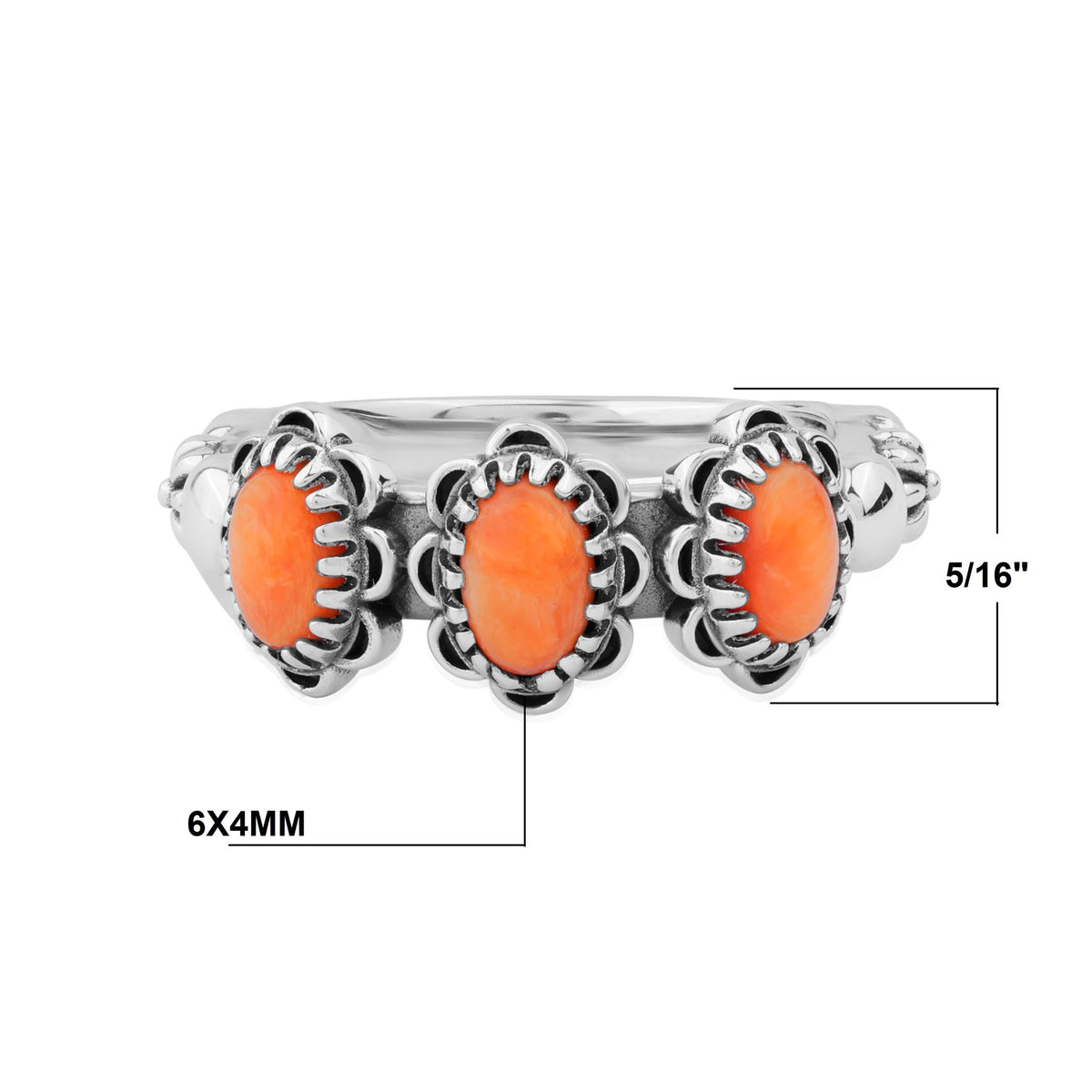 Sterling Silver Orange Spiny Oyster Concha 3 Stone Ring, Sizes 5 to 11