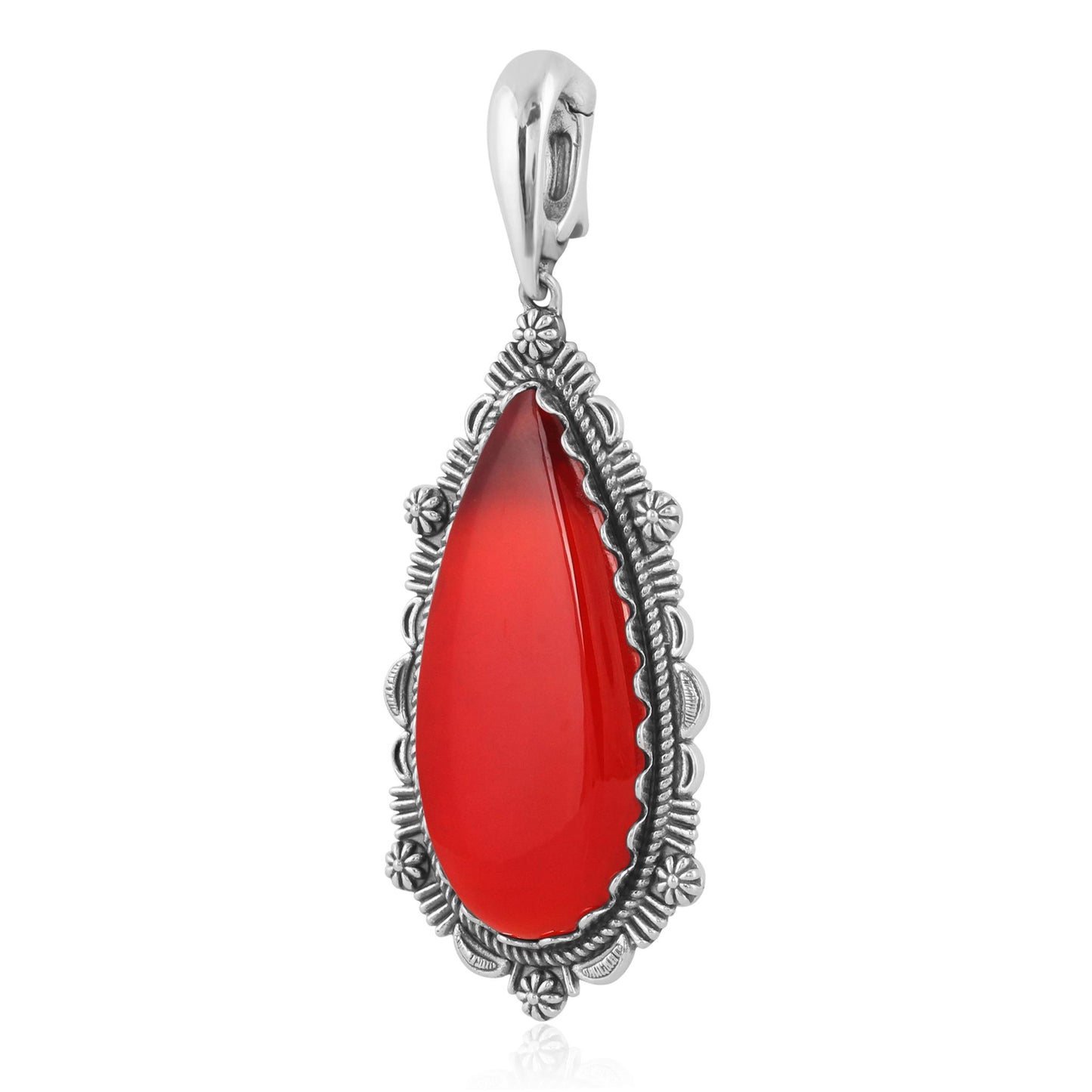 Sterling Silver Red Onyx Gemstone Teardrop Bordered Design Pendant Enhancer