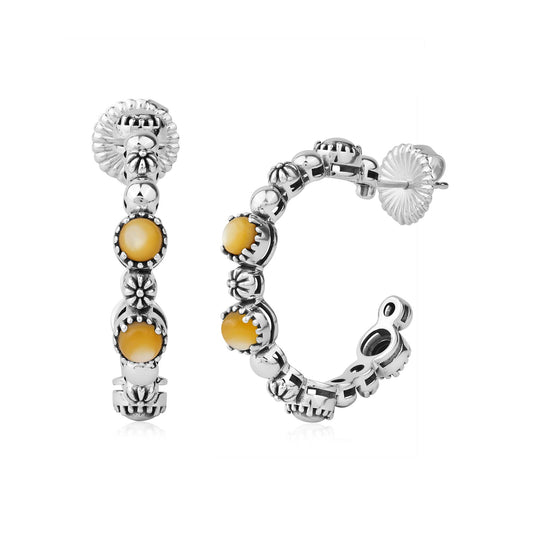 Sterling Silver Yellow Mother of Pearl 1 Inch Concha Hoop Earrings 