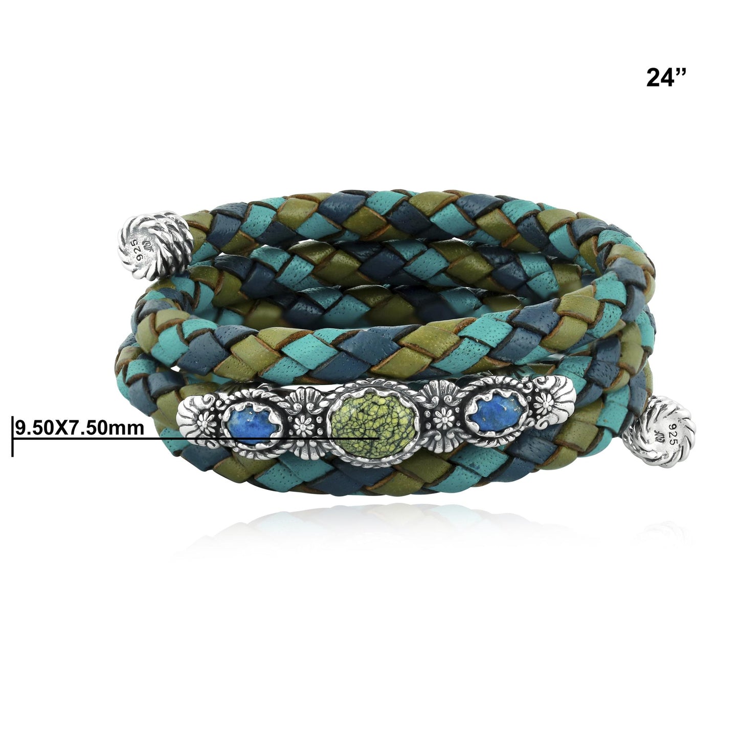 Sterling Silver Serpentine and Lapis Blue Tonal Braided Leather Wrap Bracelet