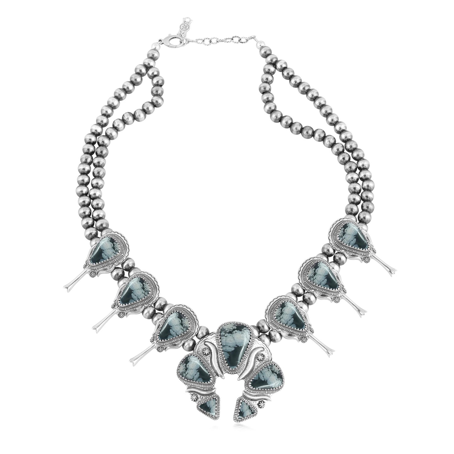 Sterling Silver Snowflake Obsidian Large Naja Squash Blossom Necklace
