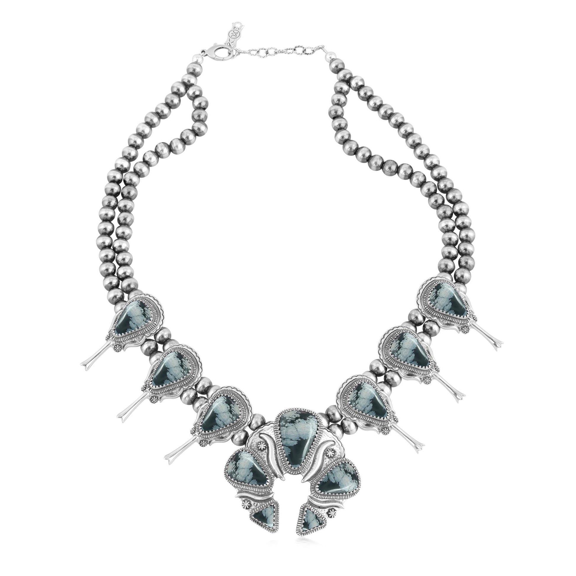 Sterling Silver Snowflake Obsidian Large Naja Squash Blossom Necklace