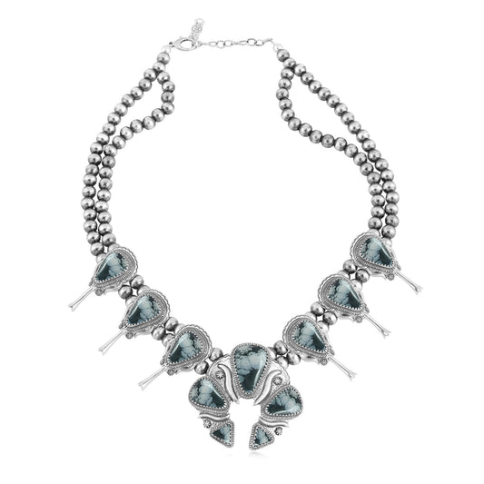 Sterling Silver Snowflake Obsidian Large Naja Squash Blossom Necklace