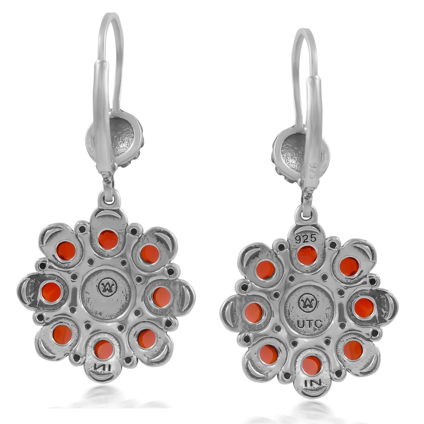 Sterling Silver Orange Spiny Oyster and Red Onyx Flower Cluster Earrings