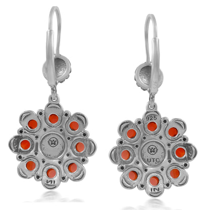 Sterling Silver Orange Spiny Oyster and Red Onyx Flower Cluster Earrings