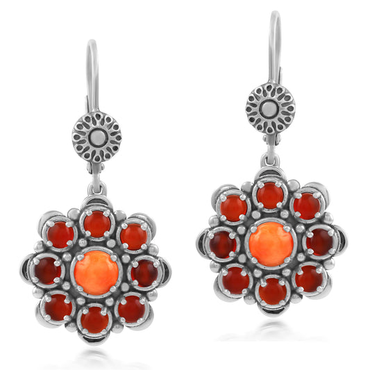 Sterling Silver Orange Spiny Oyster and Red Onyx Flower Cluster Earrings