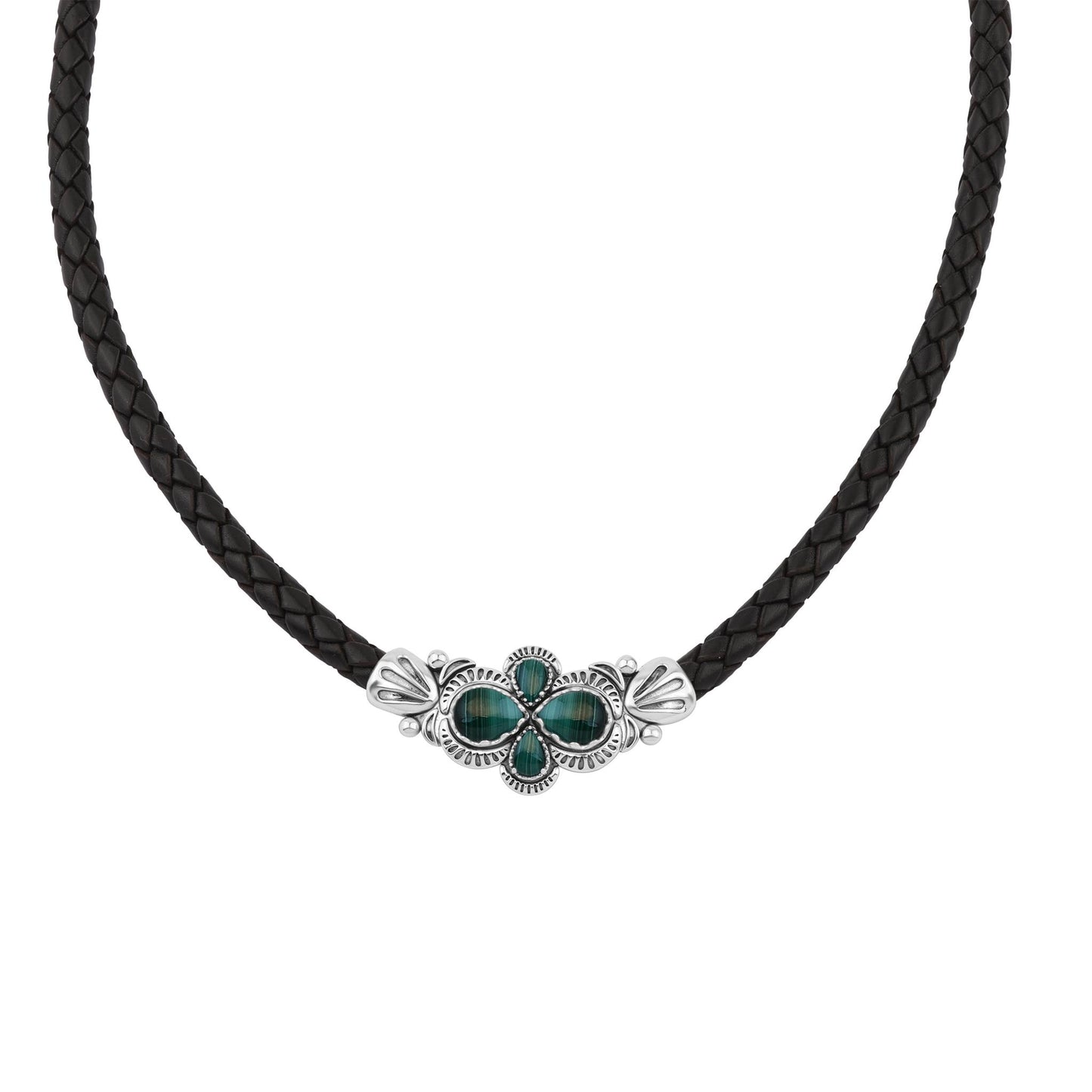  Sterling Silver Malachite Pear Cluster Black Leather Necklace