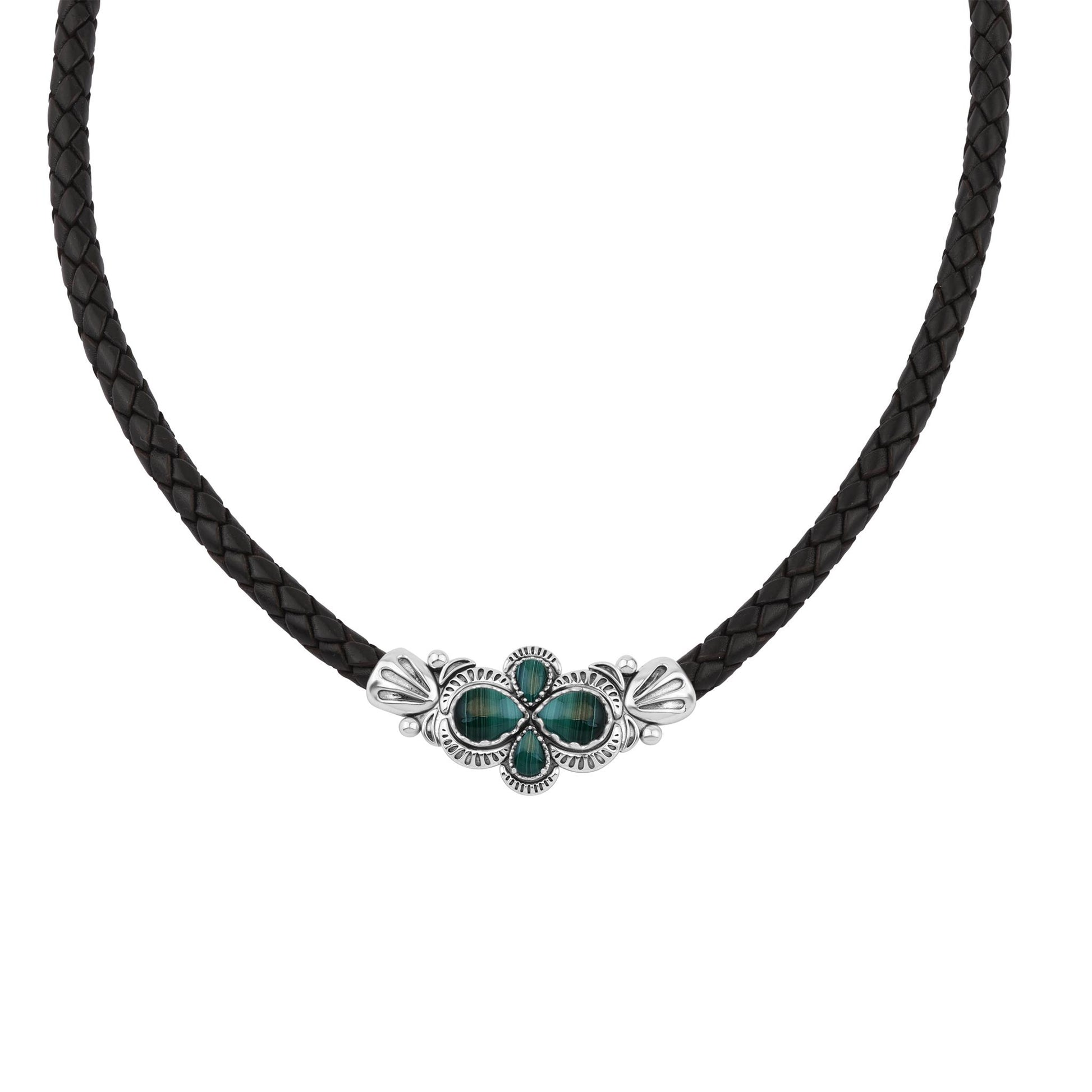  Sterling Silver Malachite Pear Cluster Black Leather Necklace