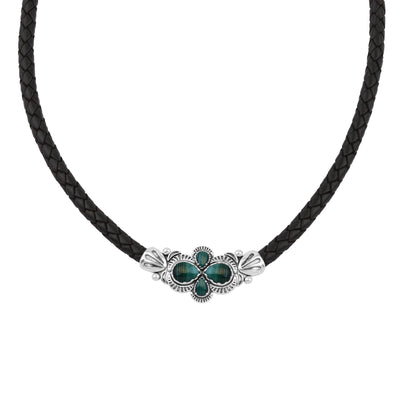  Sterling Silver Malachite Pear Cluster Black Leather Necklace