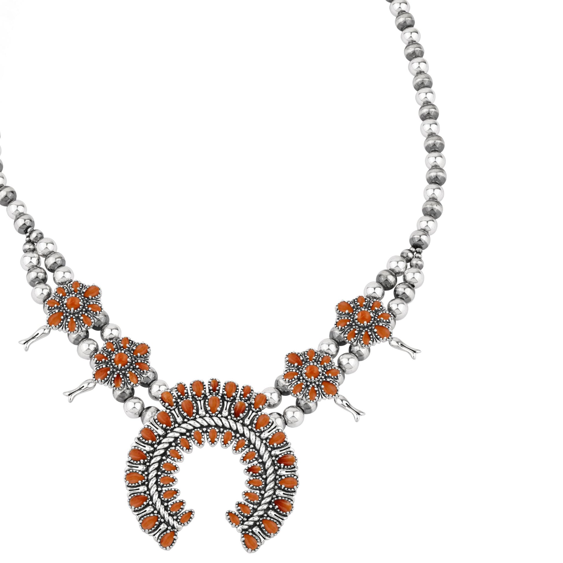  Sterling Silver Orange Spiny Oyster Petit Point Naja Squash Blossom Necklace