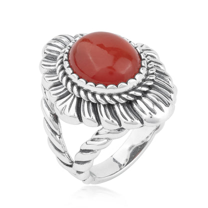 Sterling Silver Red Onyx Oval-Cut Rope Scallop Design Ring