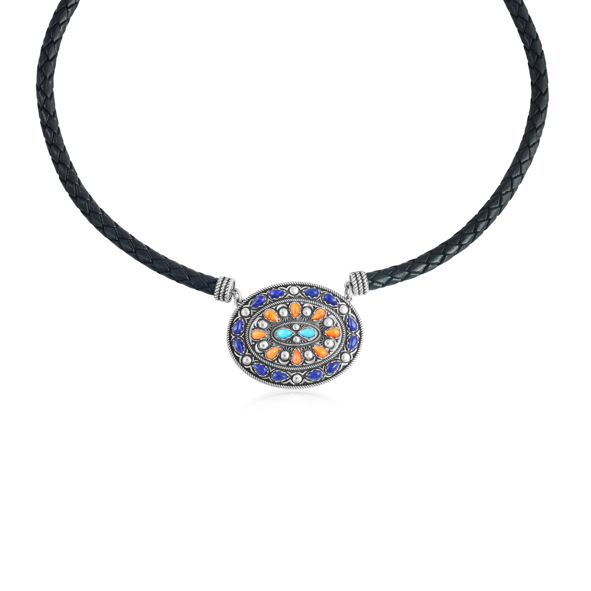 Sterling Silver Multi-Gemstone Oval Pendant Black Leather Necklace